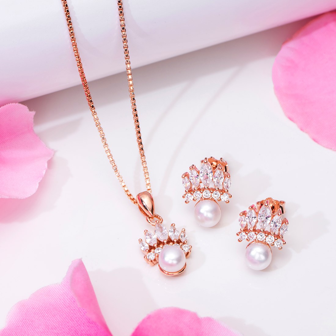 Pearl-CZ Radiance Rose gold Plated 925 Sterling Silver Jewelry Set