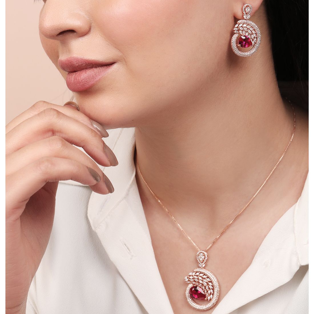 Blooming Elegance Red-CZ 925 Sterling Silver Rose Gold-Plated Jewelry Set