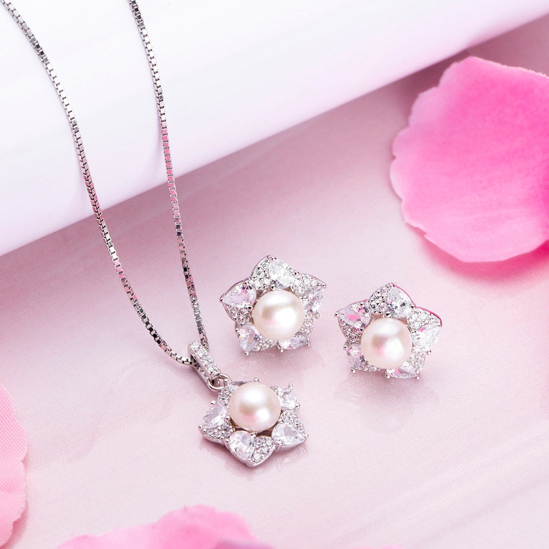 Floral Radiance Rhodium Plated 925 Sterling Silver Jewelry Set