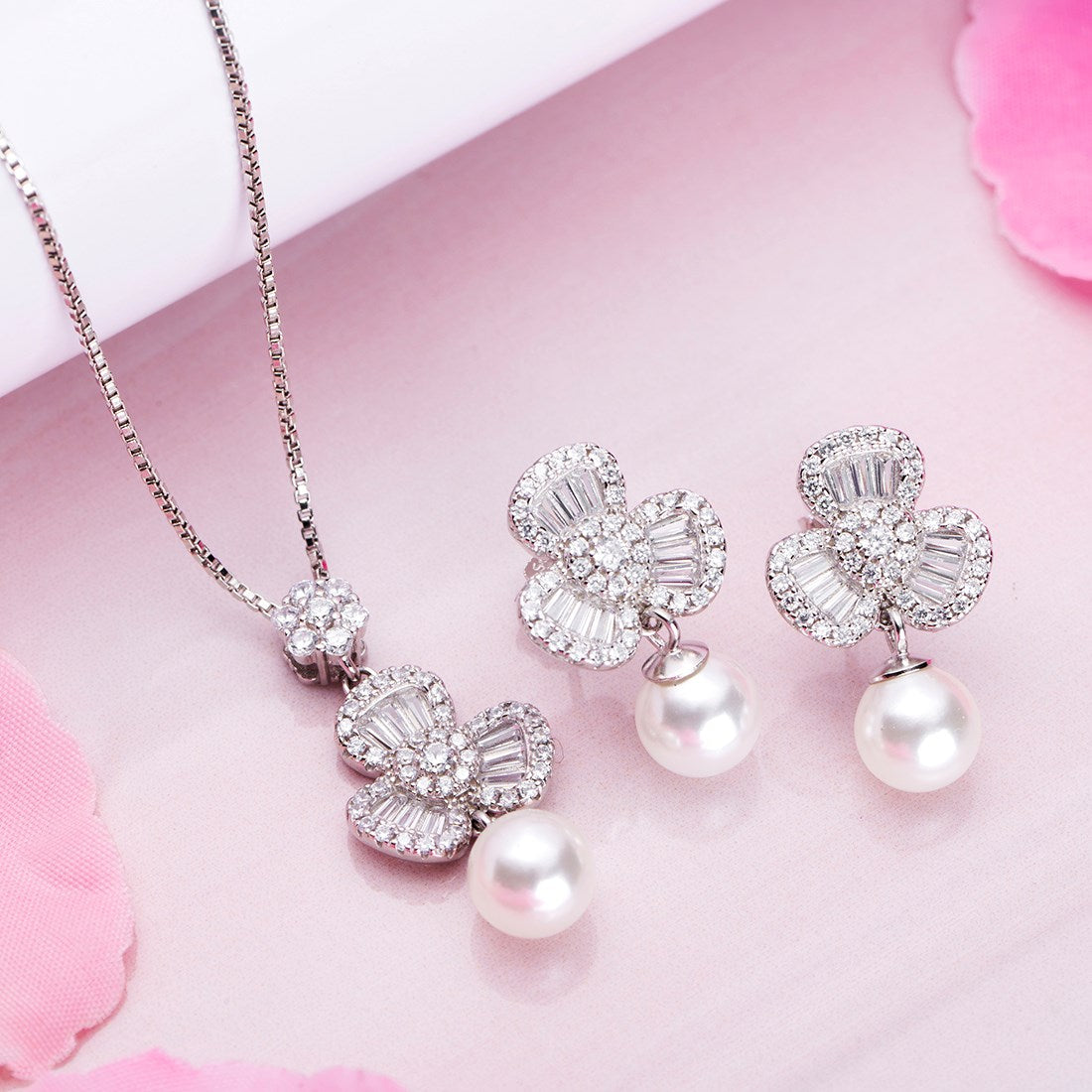 Graceful Bloom Rhodium Plated 925 Sterling Silver Jewelry Set