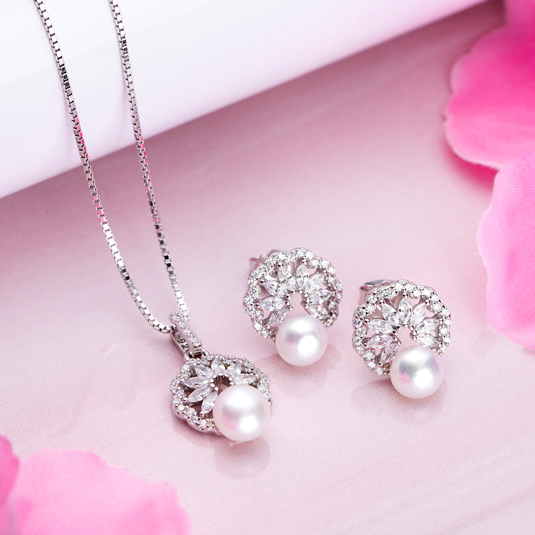 Blooming Elegance Rhodium Plated 925 Sterling Silver Jewelry Set