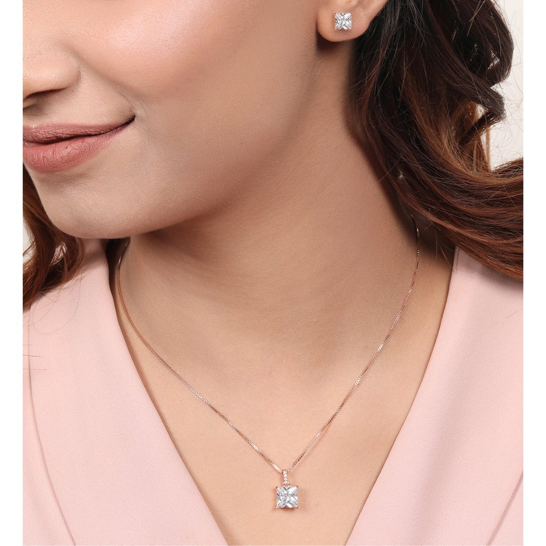 Eternal Sparkle Square Solitaire Rose Gold-Plated 925 Sterling Silver Jewellery Set