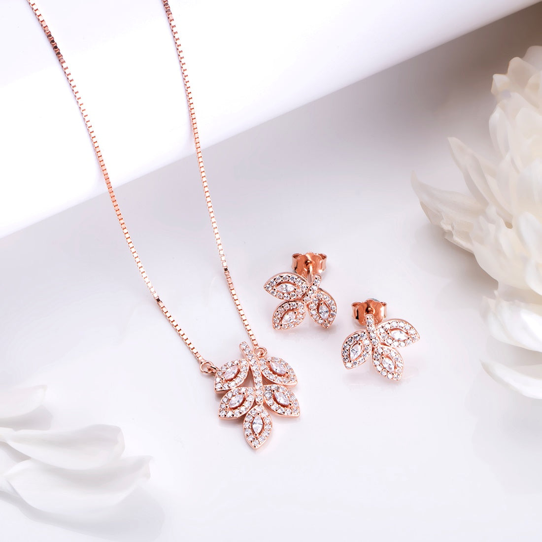 Rose Gold Leaf Harmony 925 Sterling Silver Jewelry Set