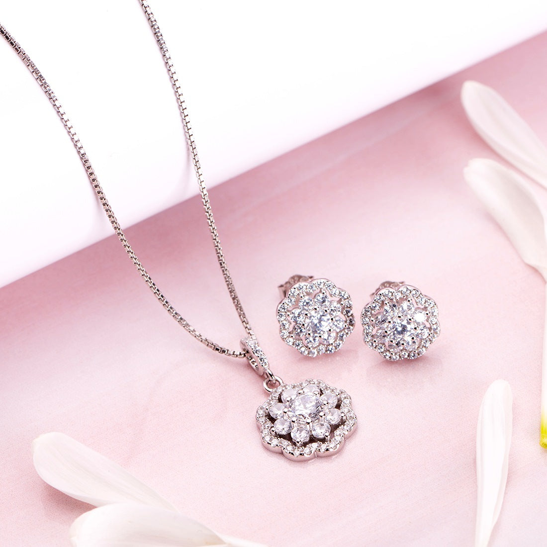 Radiant Blossom Rhodium Plated 925 Sterling Silver Jewelry Set