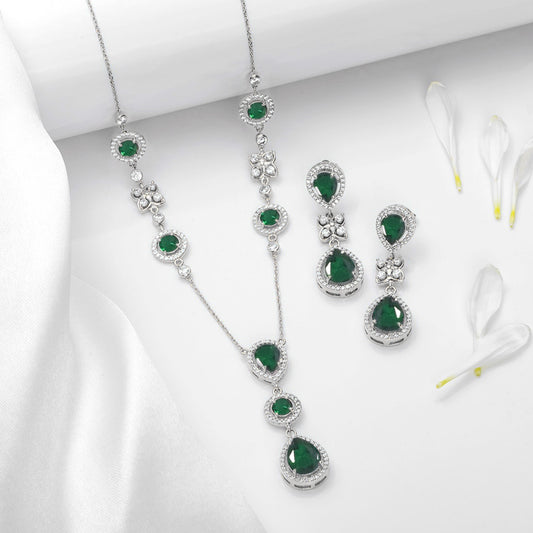 Alluring Mystery Rhodium Plated 925 Sterling Silver Green Jewellery Set