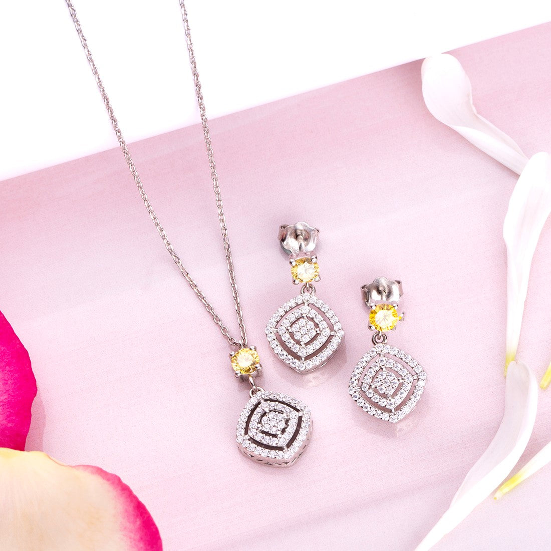 Timeless Elegance 925 Sterling Silver Rhodium-Plated Square Jewellery Set