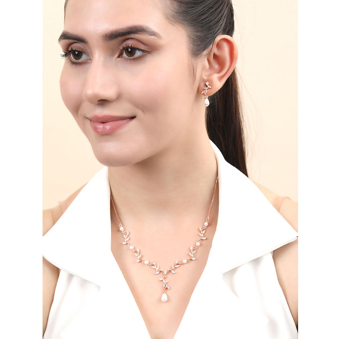 Leaf Drop Rose Gold Plated 925 Sterling Silver Jewelry Set