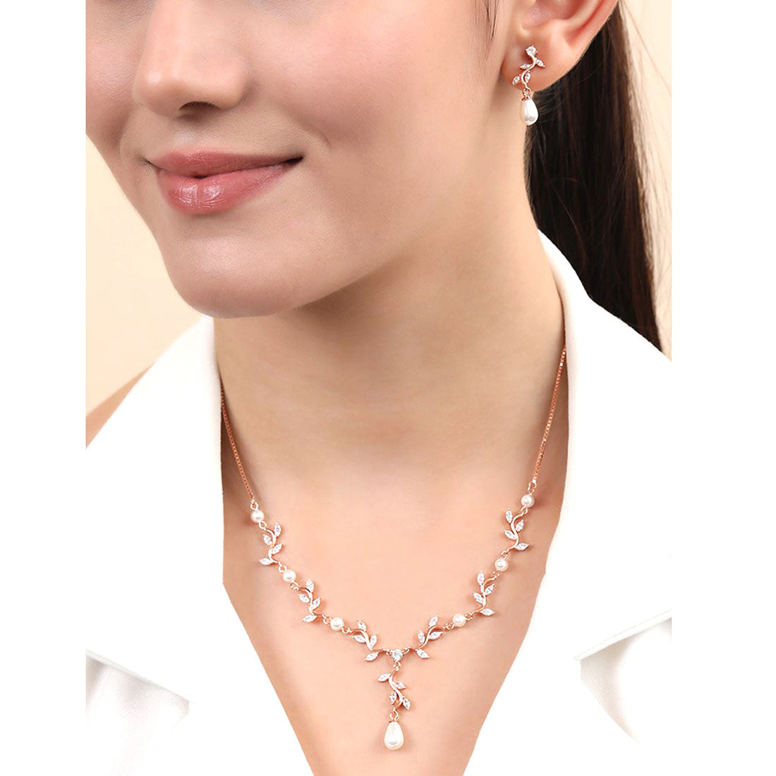 Leaf Drop Rose Gold Plated 925 Sterling Silver Jewelry Set
