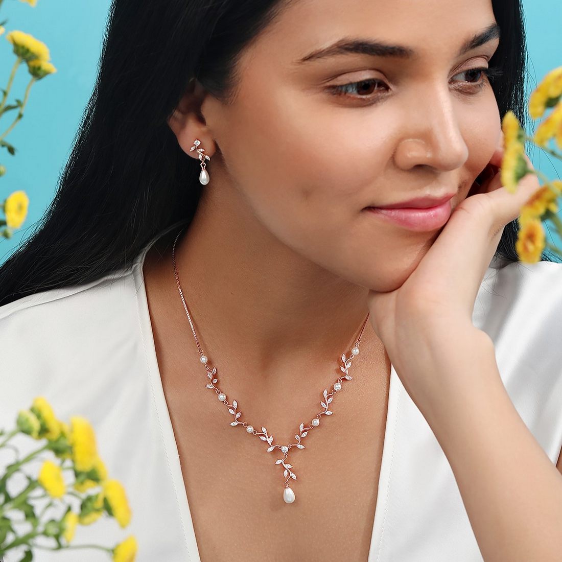 Leaf Drop Rose Gold Plated 925 Sterling Silver Jewelry Set