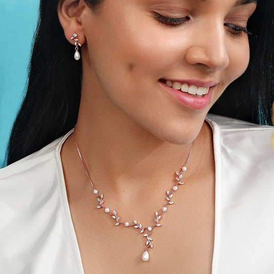 Leaf Drop Rose Gold Plated 925 Sterling Silver Jewelry Set