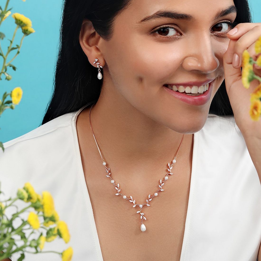 Leaf Drop Rose Gold Plated 925 Sterling Silver Jewelry Set