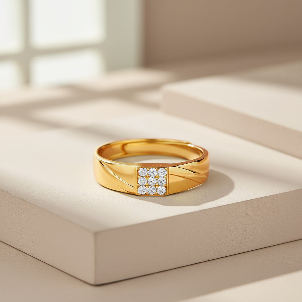 CZ Gold-Plated Silver Band Mens Ring (Adjustable)