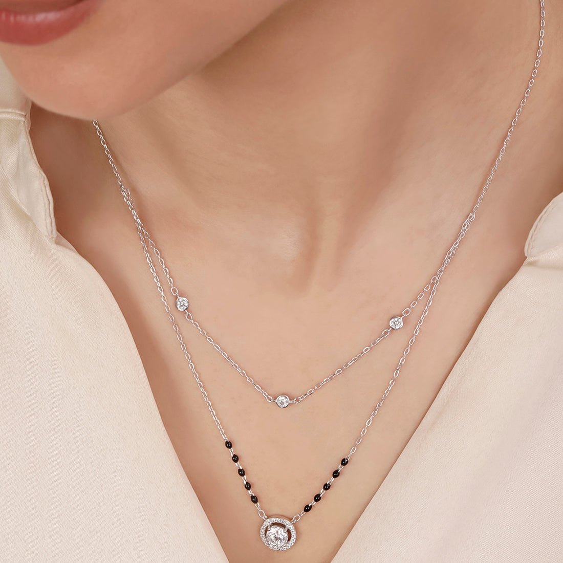 Solitaire Halo Rhodium Plated 925 Sterling Silver Mangalsutra