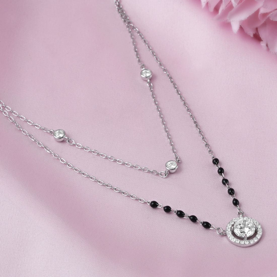Solitaire Halo Rhodium Plated 925 Sterling Silver Mangalsutra