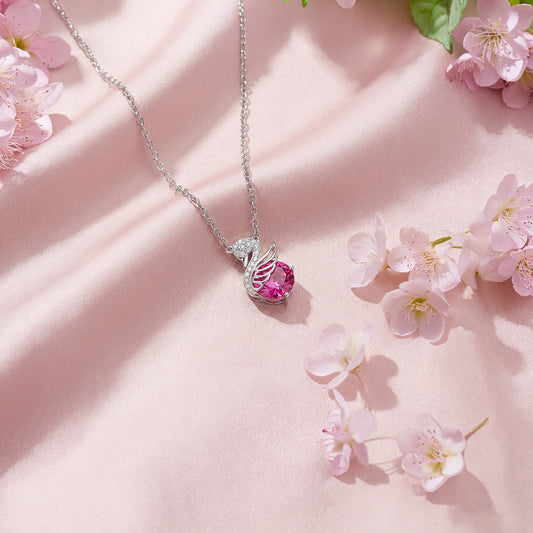 Swan Grace Pink Stone Rhodium Plated 925 Silver Necklace