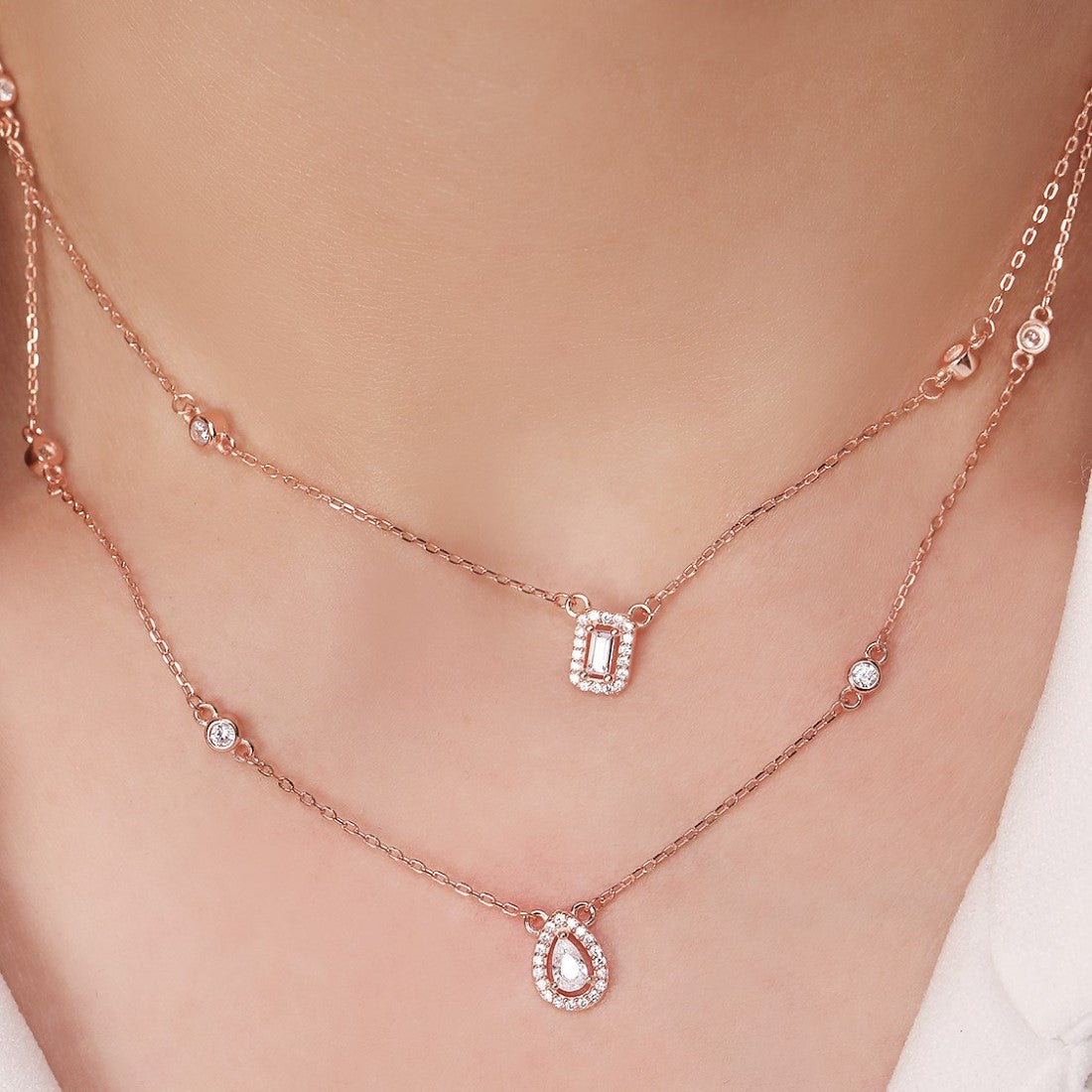 Rose Toned Graceful Layered 925 Silver Necklace