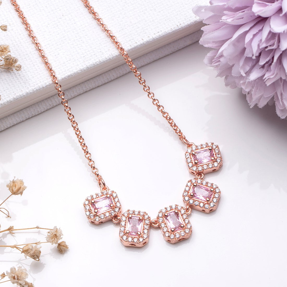 Elegance Rose Gold Plating Cubic Zirconia 925 Silver Sterling Necklace