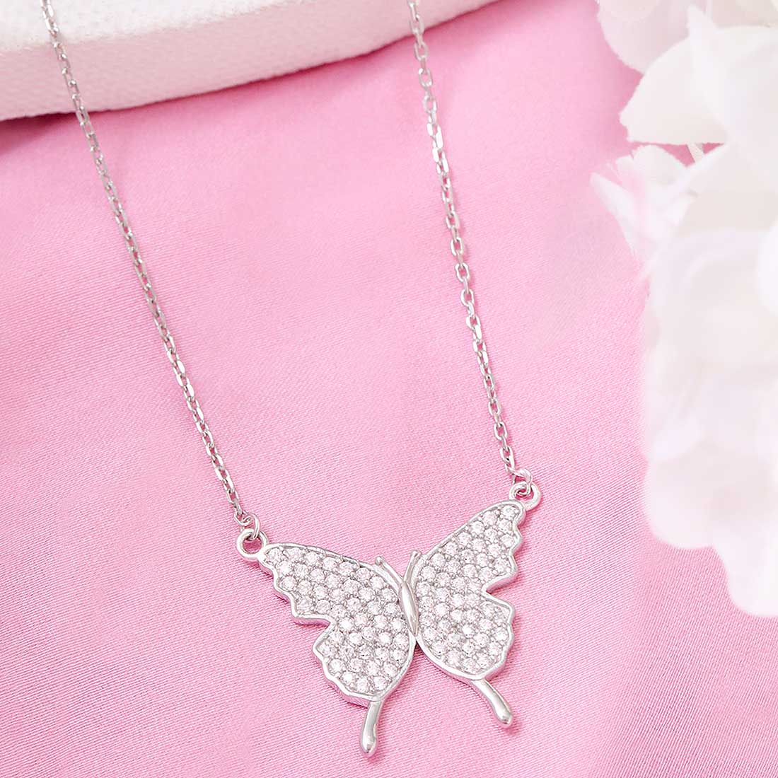 Butterfly CZ Rhodium Plated 925 Sterling Silver Necklace