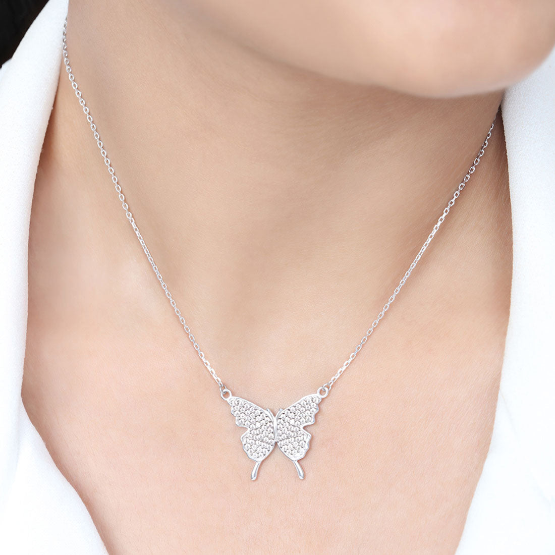 Butterfly CZ Rhodium Plated 925 Sterling Silver Necklace