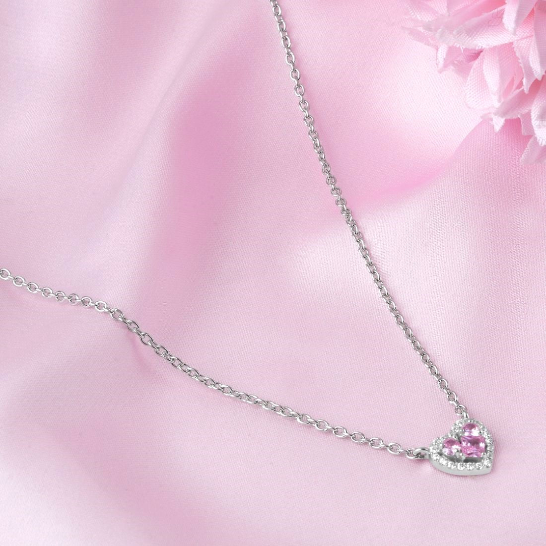 Pink Heart Rhodium Plated 925 Sterling Silver Necklace