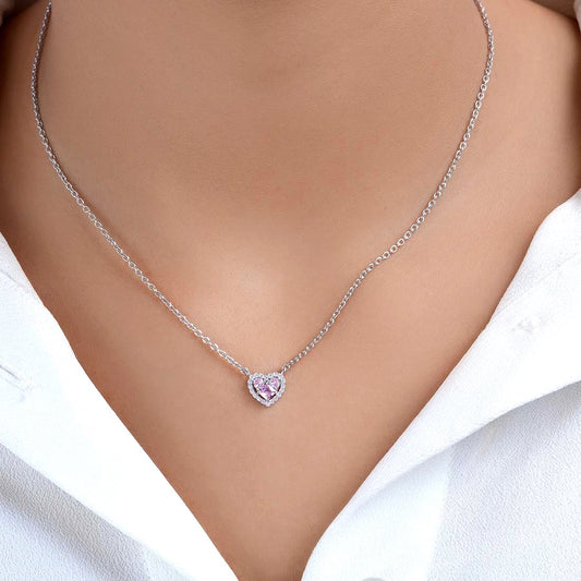 Pink Heart Rhodium Plated 925 Sterling Silver Necklace