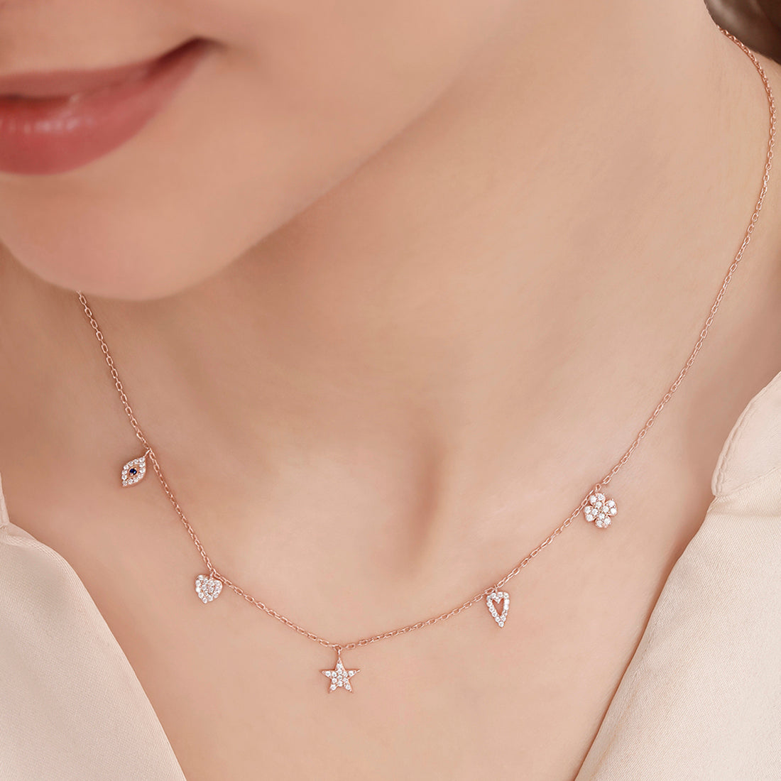 Dancing Charms Rose Gold Plated 925 Sterling Silver Necklace