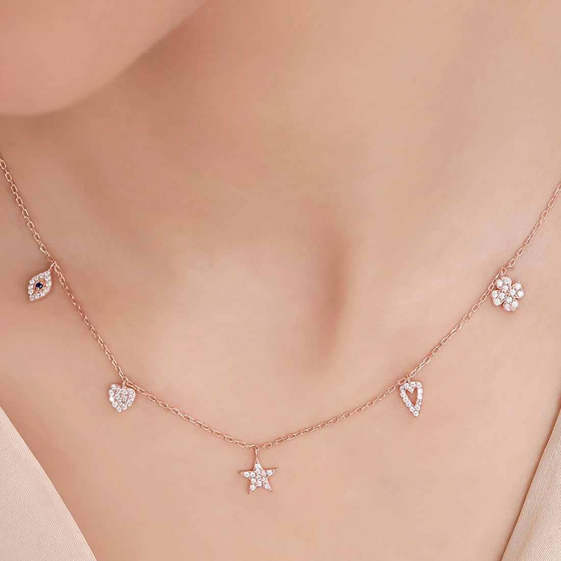 Dancing Charms Rose Gold Plated 925 Sterling Silver Necklace