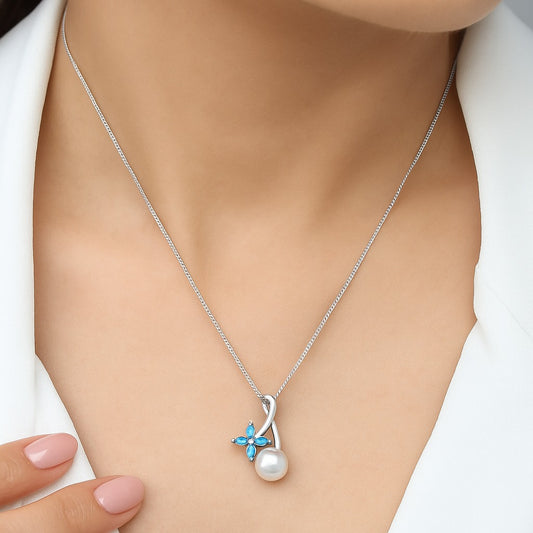 Timeless Pearl Flower Rhodium Plated 925 Sterling Silver Necklace