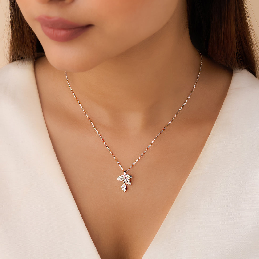 Whispering Leaves Silver Rhodium Plated Necklace