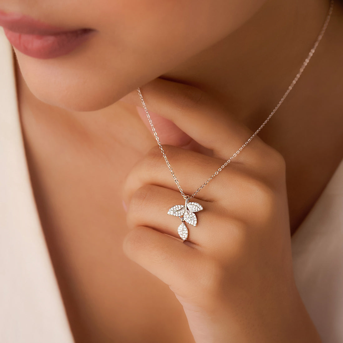 Whispering Leaves Silver Rhodium Plated Necklace