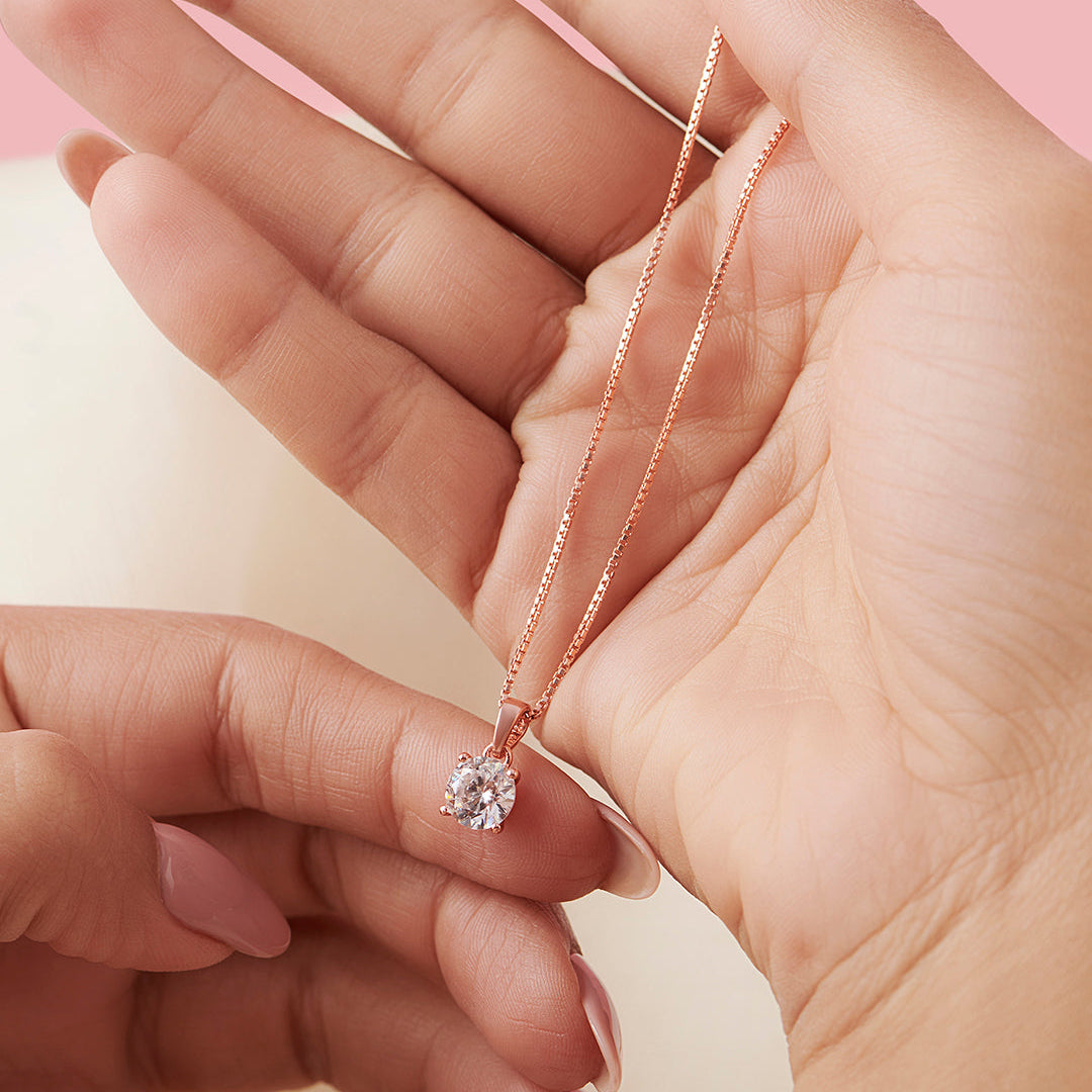 Solitaire Rose Gold Plated 925 Silver Pendant With Chain