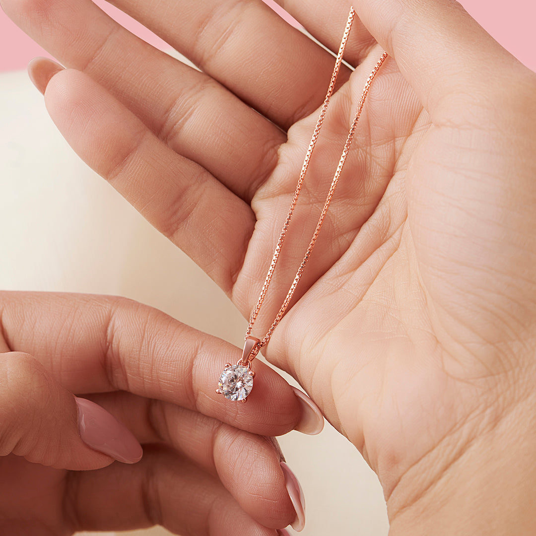 Solitaire Rose Gold Plated 925 Silver Pendant With Chain Gift Hamper