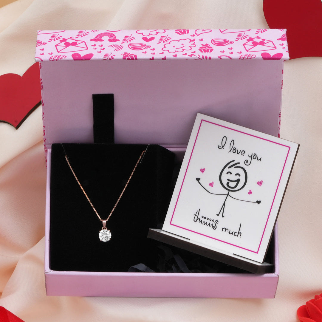 Solitaire Rose Gold Plated 925 Silver Pendant With Chain Gift Hamper