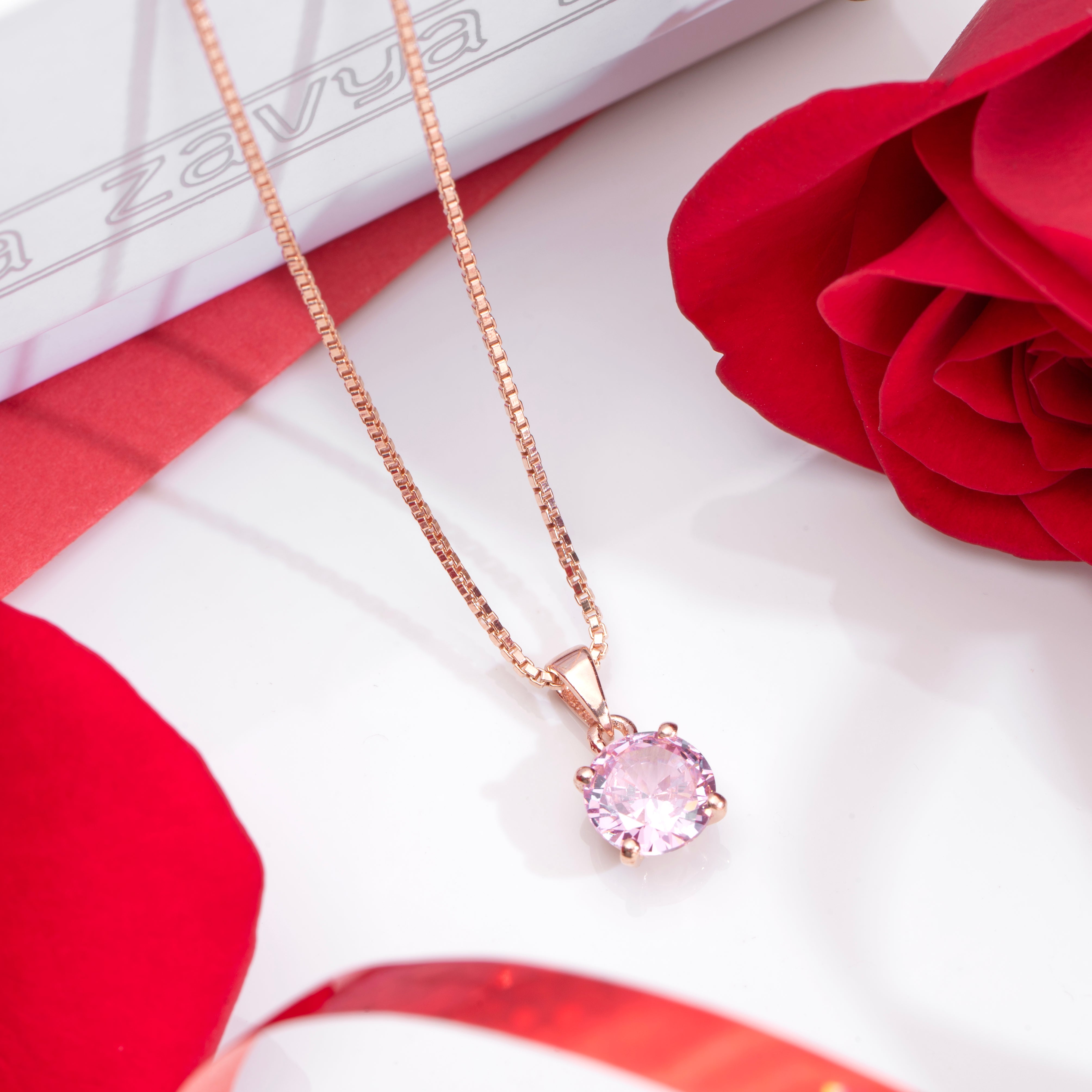 Blush Elegance - Pink Solitaire Rose Gold Plated 925 Silver Necklace