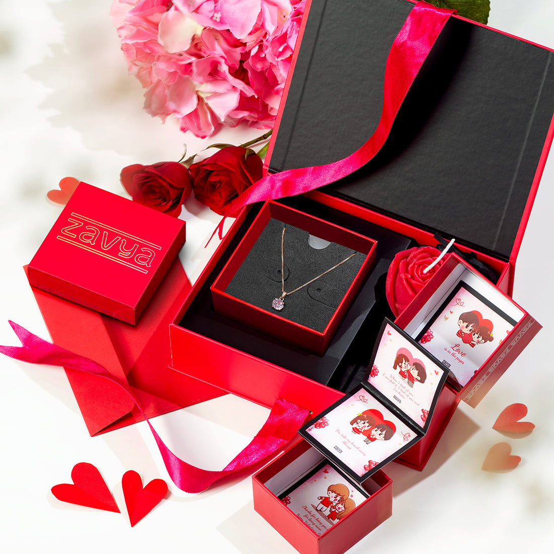 Blushing Elegance Pink Solitaire Rose Gold-Plated 925 Silver Necklace Gift Hamper