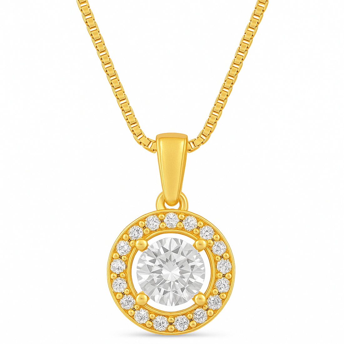 Classic Solitaire Gold Plated 925 Sterling Silver Pendant with Box Chain