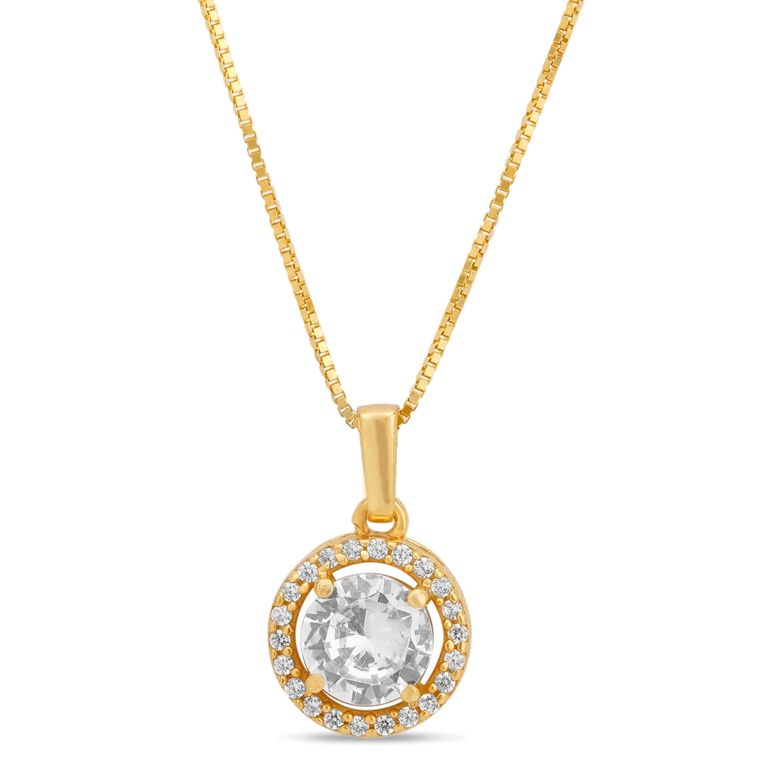 Classic Solitaire Golden Plated 925 Sterling Silver Pendant with Box Chain
