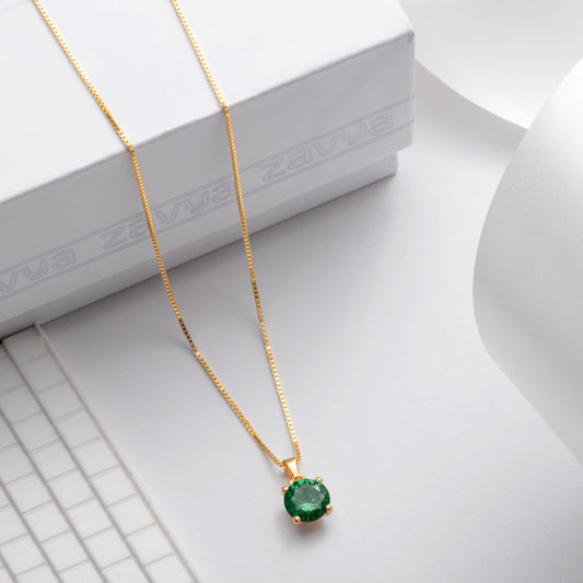 Green Solitaire Gold Plated 925 Sterling Silver Pendant with Chain