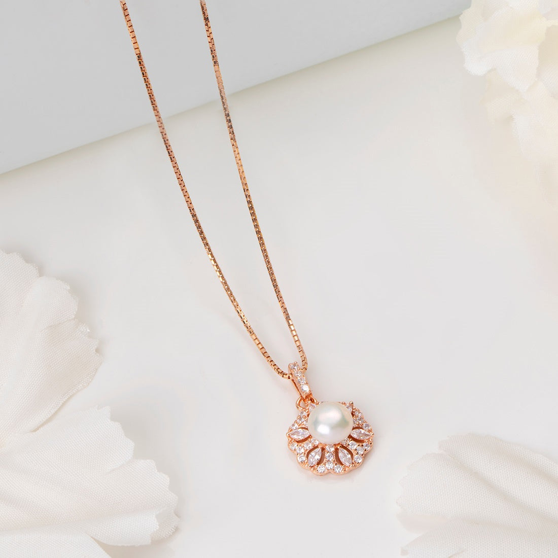 Radiant Pearl Bouquet CZ & Pearl Rose Gold 925 Sterling Silver Pendant