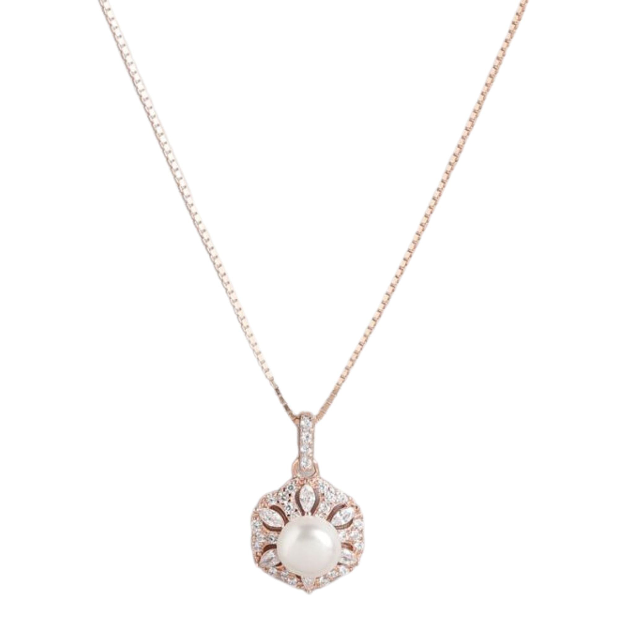 Radiant Pearl Bouquet CZ & Pearl Rose Gold 925 Sterling Silver Pendant with Chain