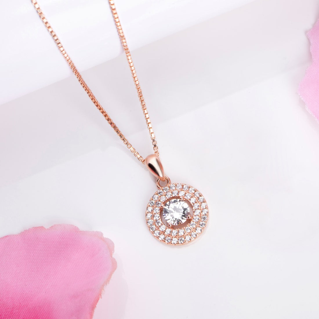 Radiant Solitaire Circle Rose Gold-Plated 925 Sterling Silver Pendant with Chain