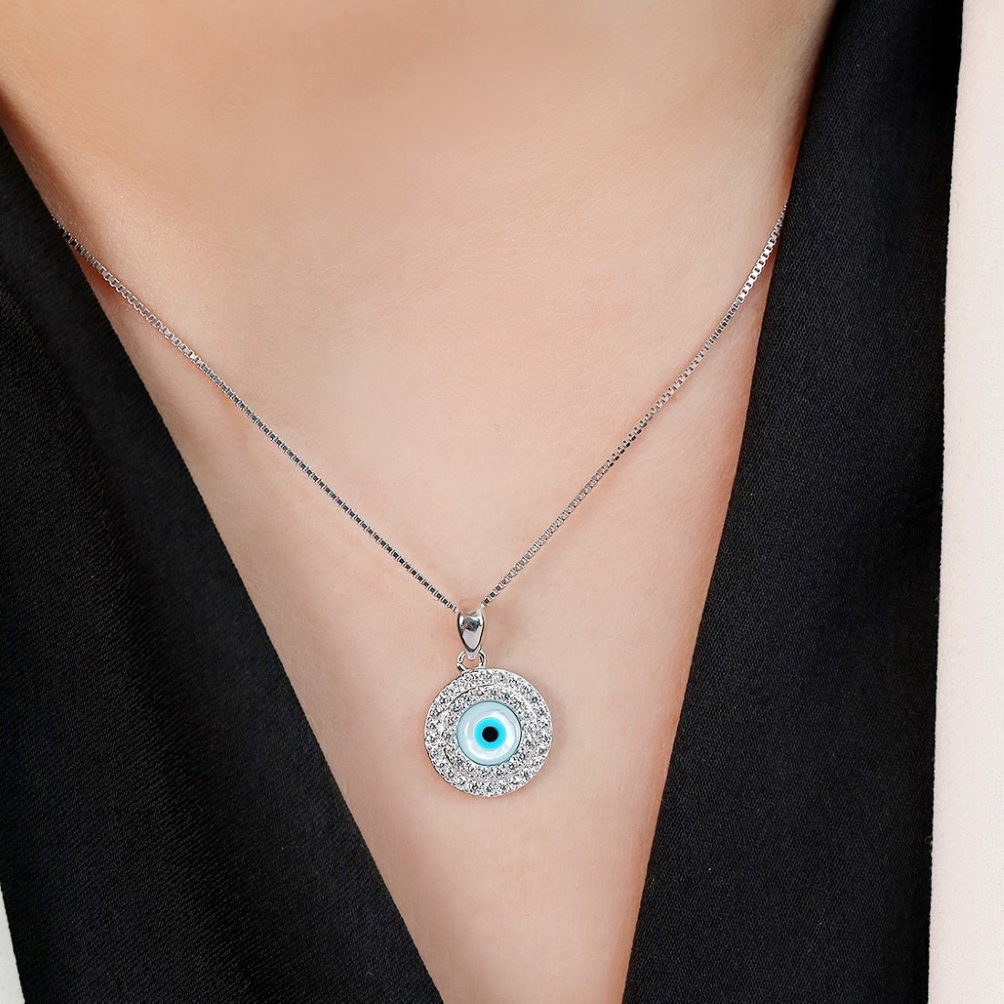 Evil Eye Rhodium-Plated 925 Sterling Silver Pendant with Chain