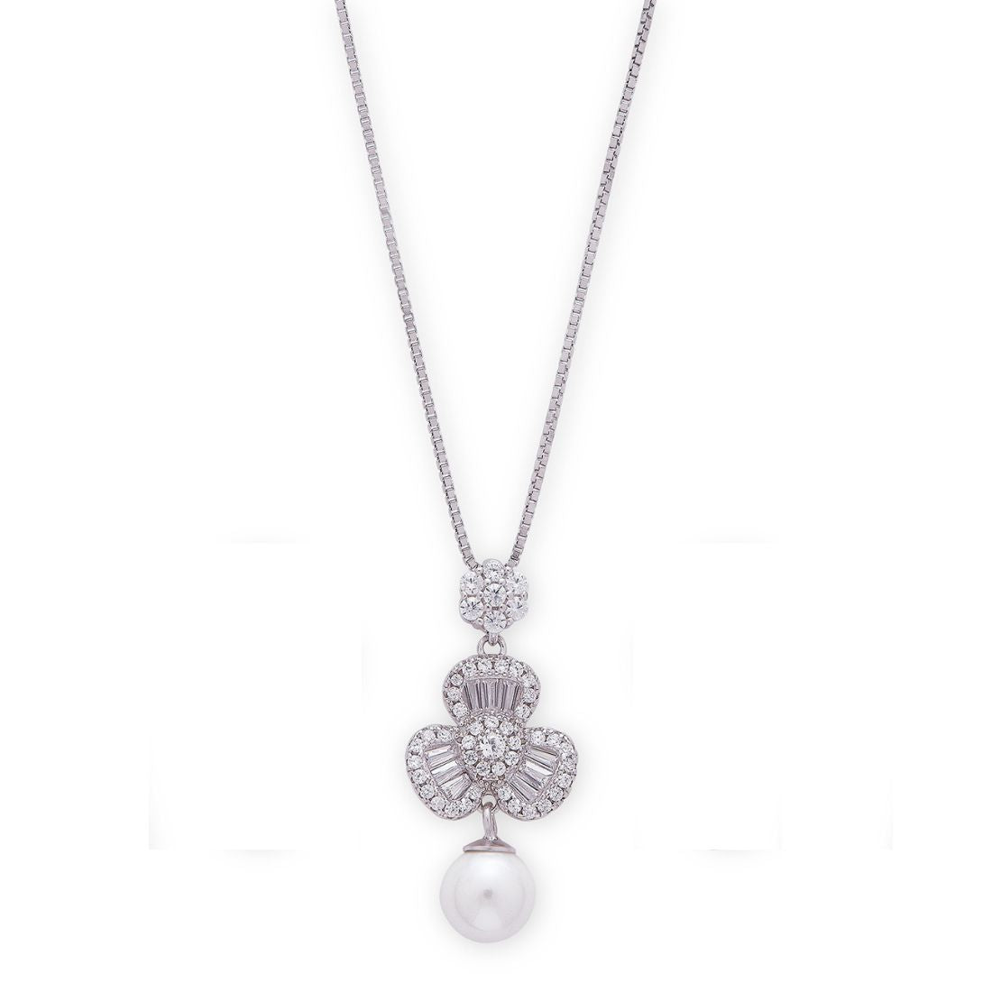 Leafy Pearl Radiance 925 Sterling Silver Rhodium-Plated Pendant with Chain