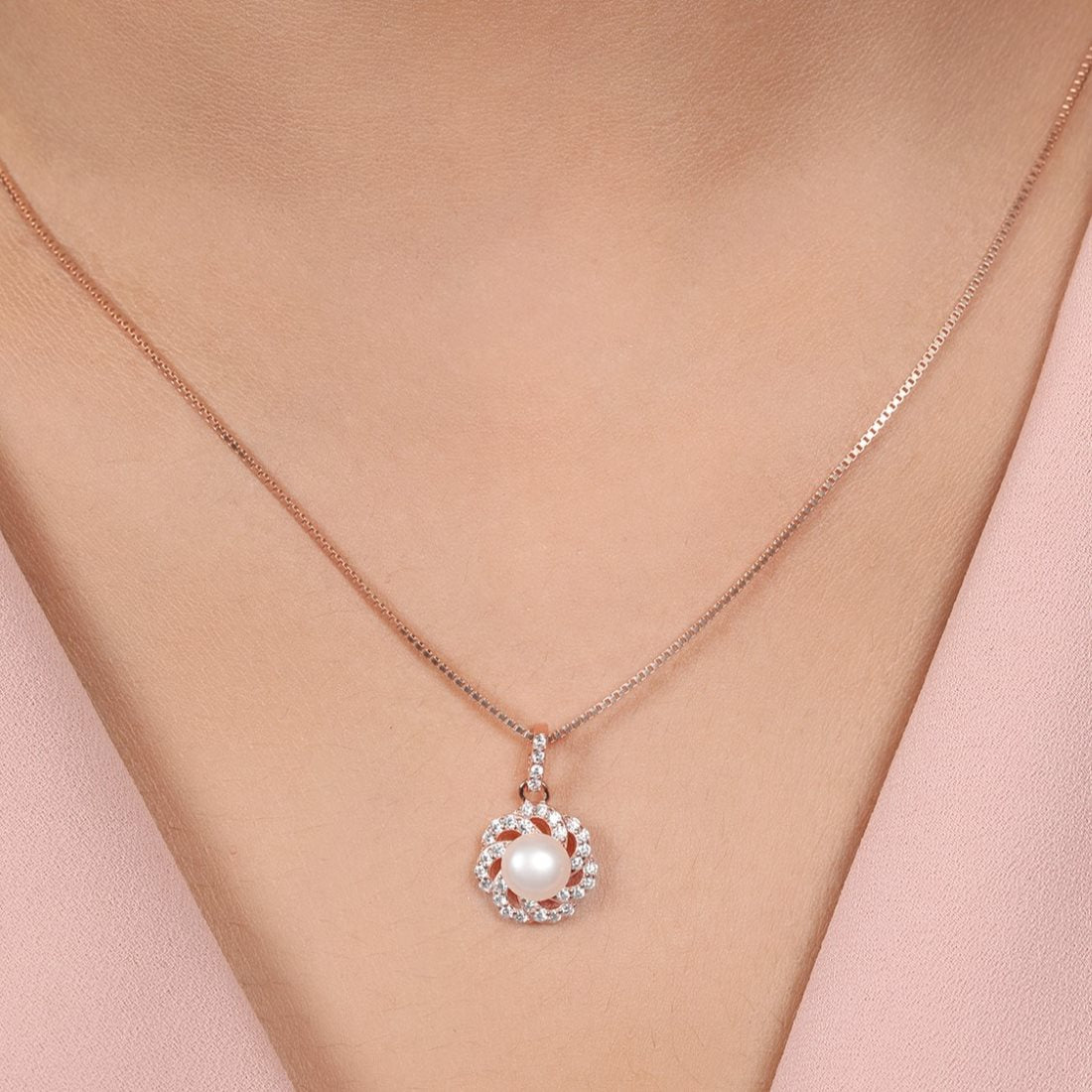 Petals of Grace Rose Gold-Plated 925 Sterling Silver Pearl Pendant with Chain