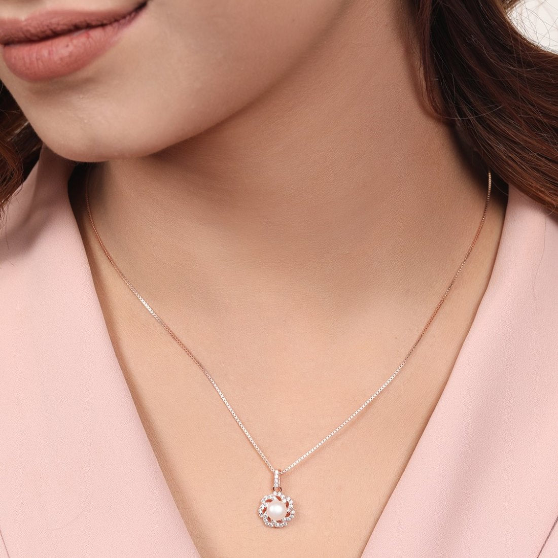 Petals of Grace Rose Gold-Plated 925 Sterling Silver Pearl Pendant with Chain
