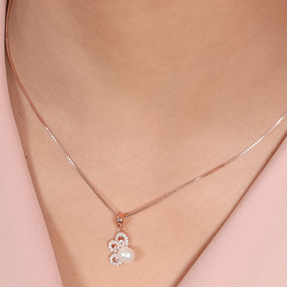 Petals in Bloom Pearl-CZ Rose Gold-Plated Half Flower Sterling Silver Pendant with Chain
