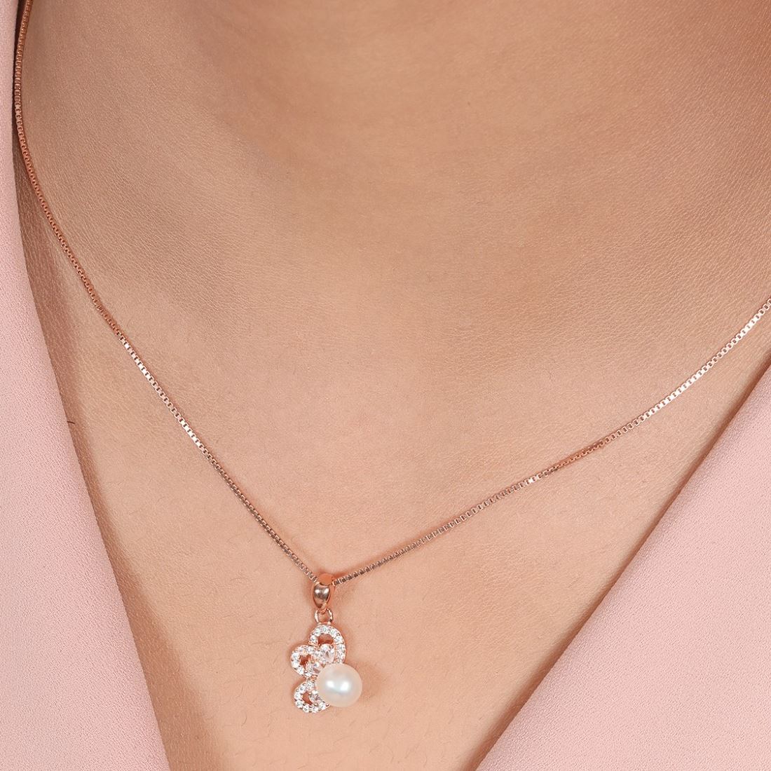 Petals in Bloom Pearl-CZ Rose Gold-Plated 925 Sterling Silver Pendant with Chain