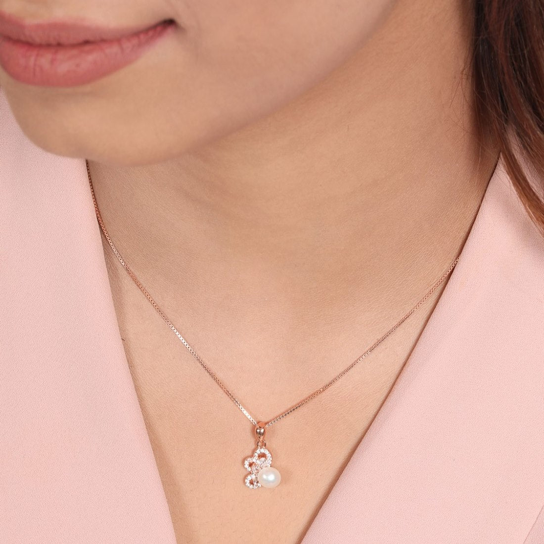 Petals in Bloom Pearl-CZ Rose Gold-Plated Half Flower Sterling Silver Pendant with Chain
