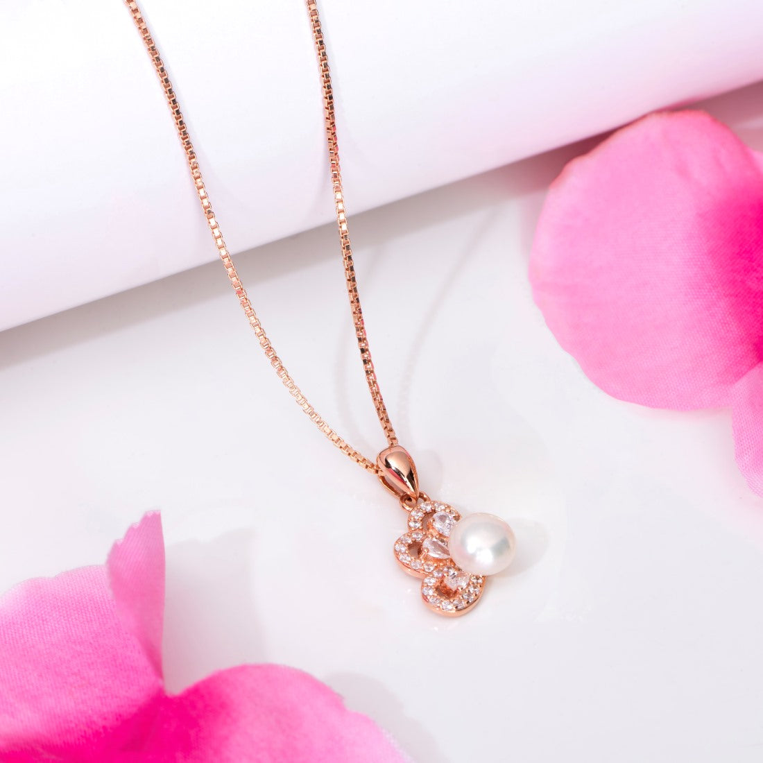 Petals in Bloom Pearl-CZ Rose Gold-Plated 925 Sterling Silver Pendant with Chain