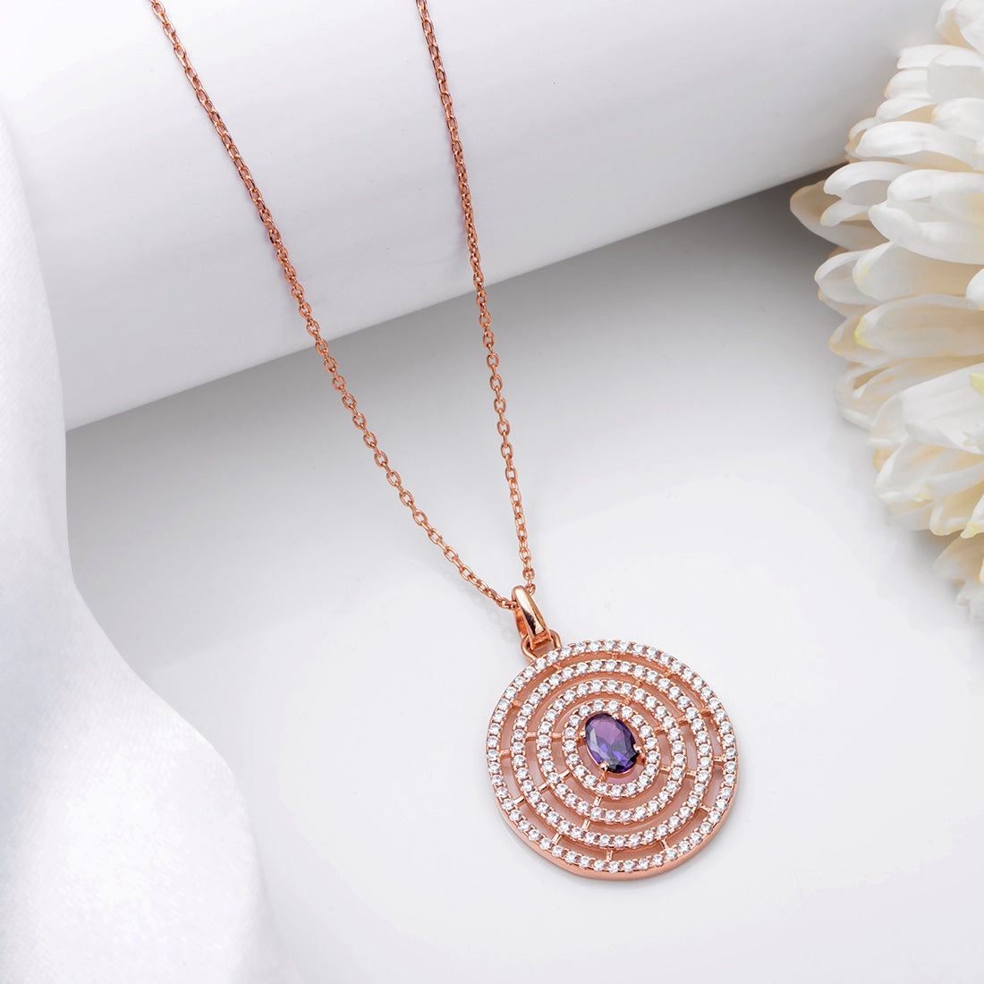 Ethereal Circle 925 Sterling Silver Rose Gold-Plated Pendant with Chain